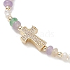 Brass Micro Pave Clear Cubic Zirconia Cross & Natural Pearl & White Jade Rondelle Beads Stretch Bracelets for Women BJEW-JB13114-5