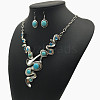 Bohemia Style Alloy with Synthetic Turquoise Wave Pendant Necklaces & Flat Round Dangle Earrings Sets for Women FS-WGC7E0A-01-2