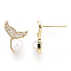 Brass Rhinestone Whale Tail & Natural Pearl Stud Earrings PEAR-N020-05I-2