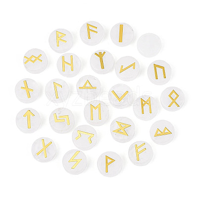 Brass Elder Futhark Alphabet Engraved Symbol Flat Round Natural Quartz Crystal Rune Stones G-I373-01B-1