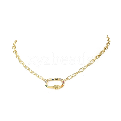 Brass Paperclip Chain Necklaces with Colorful Cubic Zirconia Oval Carabiner Locks for Women NJEW-JN06462-1