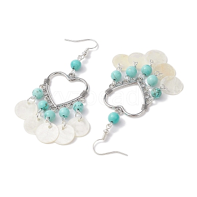 Heart Synthetic Turquoise & Capiz Shell Chandelier Earrings EJEW-TA00490-1
