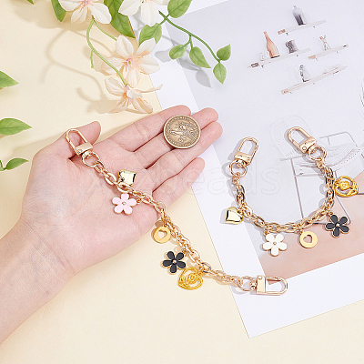 2Pcs 2 Colors Acrylic Heart & Alloy Enamel Pink and White Flower Pendant Alloy Cable Chain Bag Decorative Chains HJEW-BBC0001-35-1