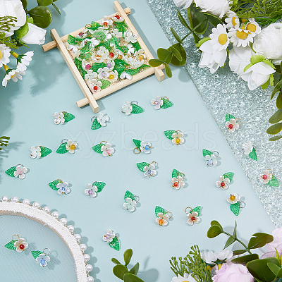 64Pcs 16 Styles Natural Mixed Gemstone Flower Charms PALLOY-FH00140-1