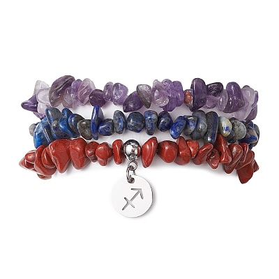 3Pcs 3 Styles Natural Amethyst & Lapis Lazuli &  Red Jasper Chips Stretch Bracelets Sets BJEW-JB11076-11-1