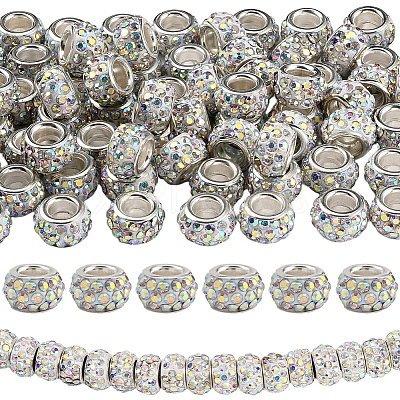80Pcs Polymer Clay Rhinestone European Large Hole Beads with Silver Color Plated Brass Cores FPDL-LT0001-02D-1