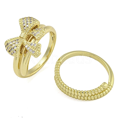 Bowknot Brass Micro Pave Clear Cubic Zirconia Open Cuff Double Rings RJEW-Z046-04G-01-1
