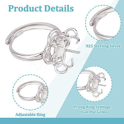 1Pc Rhodium Plated 925 Sterling Silver Adjustable Ring Settings STER-HS0001-16-1