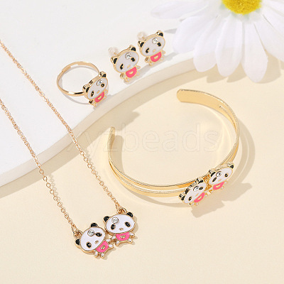 Panda Alloy Enamel & Rhinestones Stud Earring & Pendant Necklaces & Cuff Bangles & Rings Sets for Women FS-WGAF002-04-1