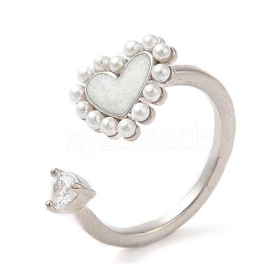 Cubic Zirconia Heart Open Cuff Ring with ABS Plastic Pearl Beaded RJEW-M148-05P-1