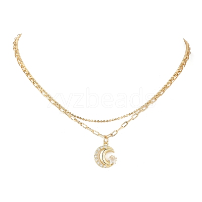 Brass Pave Clear Cubic Zirconia Moon with Star Pendant Necklaces NJEW-JN05383-1