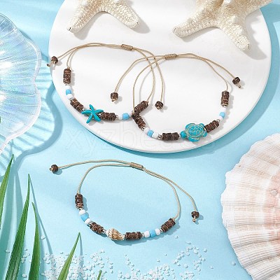 3Pcs 3 Styles Summer Beach Starfish Turtle Shell Shape Adjustable Anklets AJEW-AN00635-1