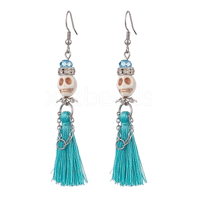 Synthetic Turquoise Skull Dangle Earrings EJEW-TA00235-02-1