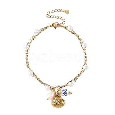 Ocean 304 Stainless Steel Sea Animals & Handmade Flower Printed Porcelain Ceramic Charm Anklets AJEW-AN00866-1