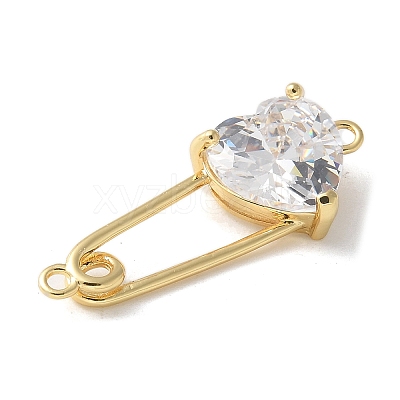 Brass Cubic Zirconia Heart Safety Pin Connector Charms KK-Q031-45G-01-1