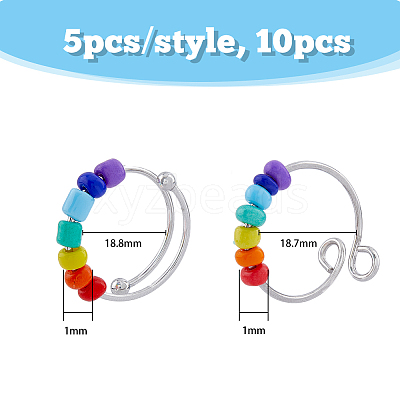 10Pcs 2 Style Rainbow Color Glass Beaded Rotating Open Cuff Rings Set RJEW-DC0001-15-1