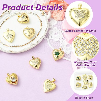 7Pcs 7 Styles Brass Micro Pave Clear Cubic Zirconia Locket Pendants FIND-CJ0005-08-1