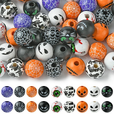 45Pcs 9 Colors Printed Round Wood European Beads WOOD-FS0001-21-1