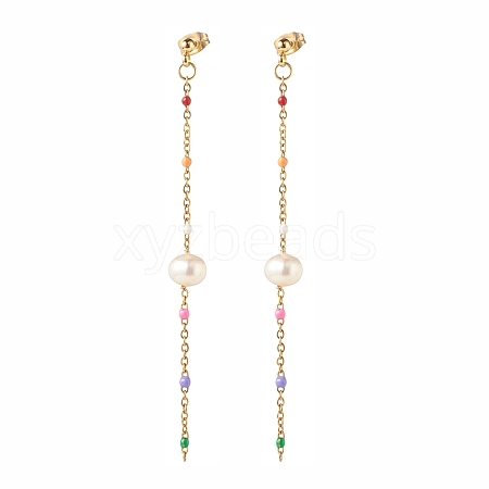 Natural Pearl Beaded Long Chain Dangle Stud Earrings for Women EJEW-JE04820-1