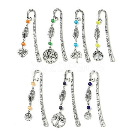 7Pcs 7 Style Tree of Life Feather Tibetan Style Alloy Pendant Bookmark with Cat Eye AJEW-JK00277-1