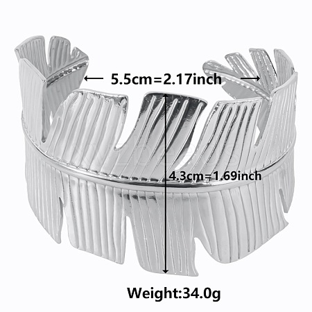 Non-Tarnish Stylish European and American Feather 304 Stainless Steel Cuff Bangles for Women UO1874-1-1