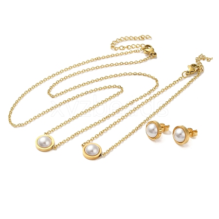 Flat Round Plastic Imitation Pearl Pendant Necklaces & Bracelets & Stud Earrings Sets SJEW-C004-02G-1