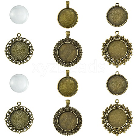 DIY Blank Round Glass & Tibetan Style Alloy Pendant Making Kits DIY-FS0006-10-1