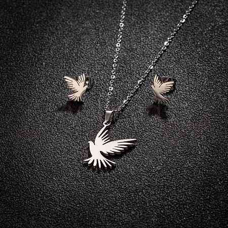 Stainless Steel Bird Stud Earrings & Pendant Necklaces Sets for Women PW-WG4042D-02-1