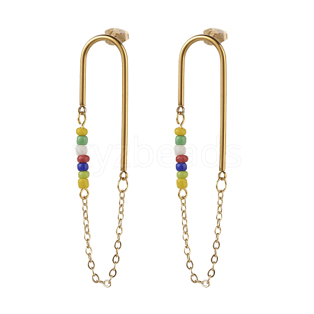 Chain Tassel with Glass Seed Beads Dangle Stud Earrings for Girl Women EJEW-TA00014-1