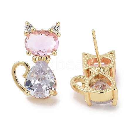 Cat Shape Brass Micro Pave Cubic Zirconia Stud Earrings for Women EJEW-E310-03G-1