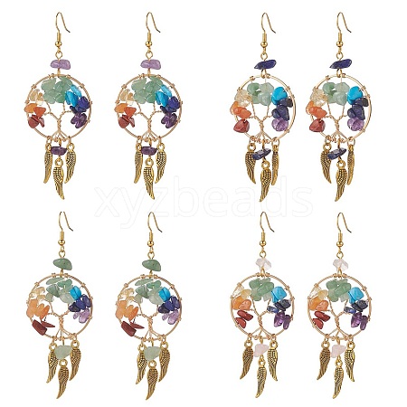 Gemstone Chips Beaded Tree of Life Chandelier Earrings EJEW-JE05152-1