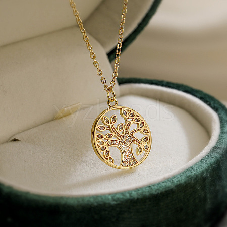 Stainless Steel Clear Cubic Zirconia Tree of Life Pendant Cable Chain Necklaces for Women PW-WGAEAC7-02-1