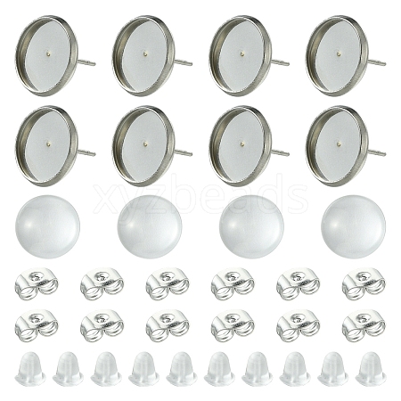 160Pcs 4 Styles Flat Round 304 Stainless Steel Stud Earring Settings with Transparent Glass Cabochons with 304 Stainless Steel Ear Nuts with Plastic Ear Nuts FIND-YW0005-37-1