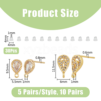 20Pcs 2 Style Teardrop Shape Brass Micro Pave Cubic Zirconia Stud Earring Findings KK-DC0003-04-1