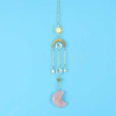Rose Quartz Moon Sun Catcher Hanging Ornaments HJEW-PW0002-11C-1