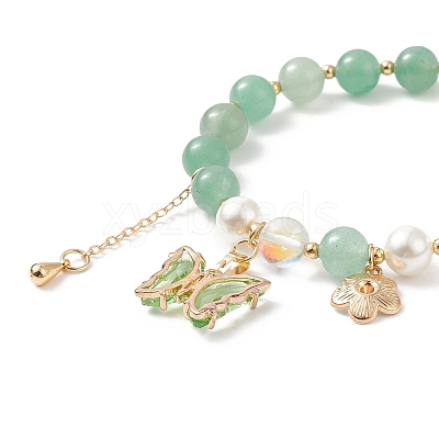 Round Natural Green Aventurine & Shell Pearl Beaded Stretch Bracelet BJEW-TA00191-02-1