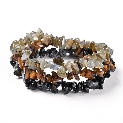 Chips Natural Labradorite & Snowflake Obsidian & Tiger Eye Beaded Stretch Bracelets Sets BJEW-JB05332-05-1