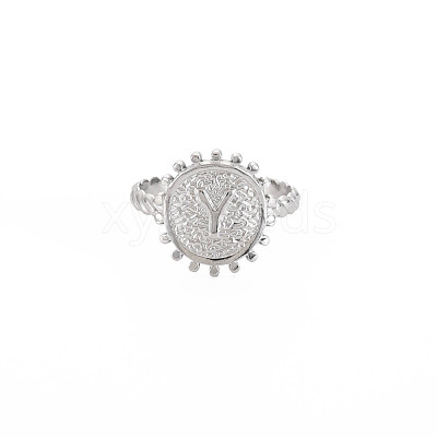 Non-Tarnish 304 Stainless Steel Flat Round with Initial Letter Open Cuff Ring for Men Women RJEW-S405-246P-Y-1