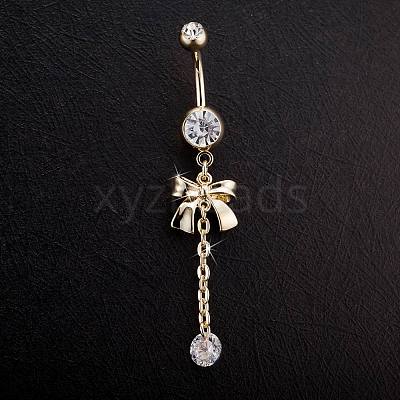 Piercing Jewelry Real 18K Gold Plated Brass Rhinestone Bowknot Navel Ring Belly Rings AJEW-EE0001-67-1