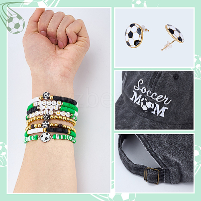 Polymer Clay & Brass Acrylic Beaded Stretch Bracelets & Football Alloy Enamel Stud Earrings & Polyester Baseball Cap BJEW-PH02021-1