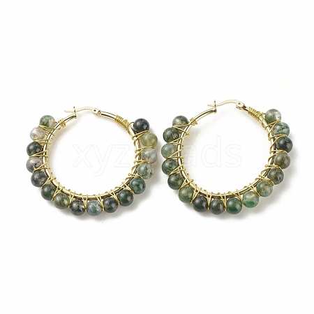 Natural Moss Agate Beaded Hoop Earrings for Women EJEW-C003-03G-RS-1