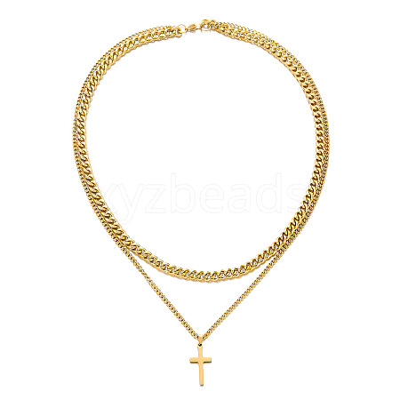 Stainless Steel Hollow Out Cross Pendant Double Layer Necklace with Cable Chains for Men Women PW-WG88E37-03-1