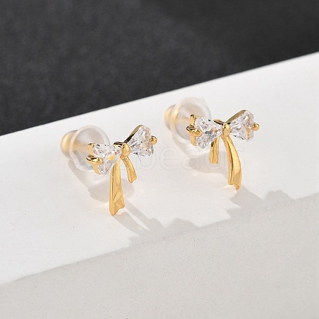 Bowkont Brass Micro Pave Clear Cubic Zirconia Stud Earrings EJEW-B131-03G-1