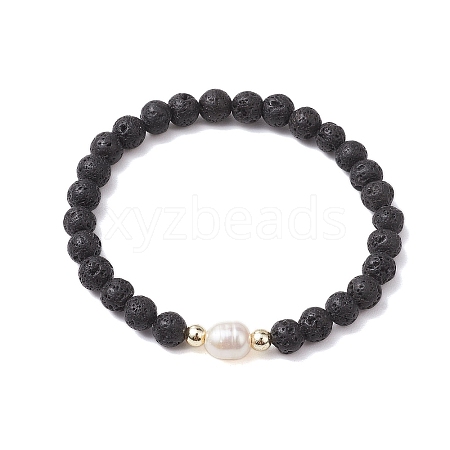 6mm Round Natural Lava Rock & Pearl Beaded Stretch Bracelets for Women BJEW-JB10619-02-1