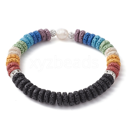 Dyed Natural Lava Rock & Pearl Beaded Stretch Bracelet BJEW-JB09724-1