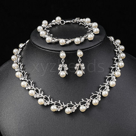 Alloy Rhinestone & Plastic Imitation Pearl Leaf Link Chain Necklaces & Stud Dangle Earrings & Link Bracelets Sets WG65A67-03-1