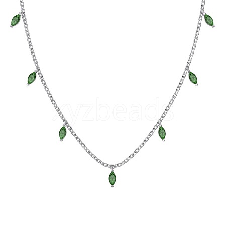 Rhodium Plated 925 Sterling Silver Pave Green Cubic Zirconia Cable Chain Horse Eye Tassel Necklaces for Women NJEW-Q342-13P-1