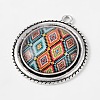 Flat Round Alloy Pendant Cabochon Bezel Settings and Geometric Flower Printed Glass Cabochons TIBEP-X0171-01-2