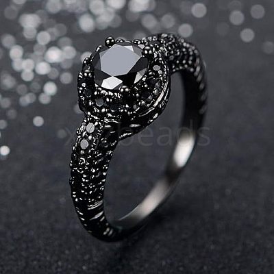 Flat Round Brass Jet Rhinestone Finger Rings FS-WG232E0-03-1