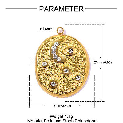 Hammered 304 Stainless Steel Rhinestone Pendants STAS-OY016-21G-1